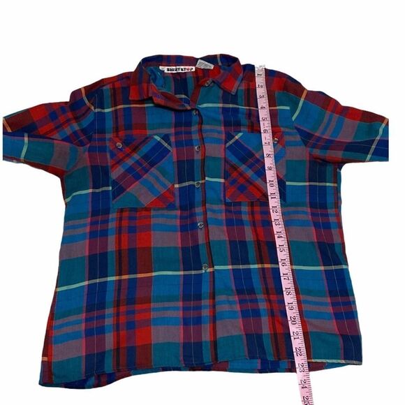 Vintage 80s Shirt Button Down Shirt Stop Plaid Chest Pockets Long Sleeve Blue 12 - Picture 7 of 13